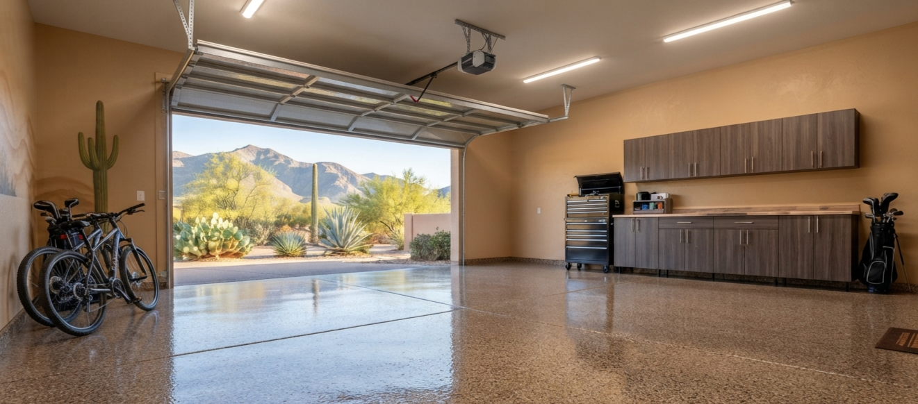 A freshly resurfaced garage floor with epoxy in Tucson AZ
